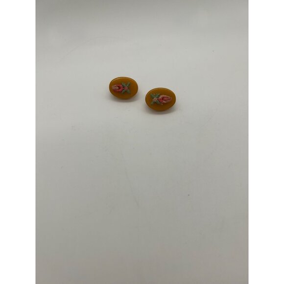Bakelite Clip-On Earrings Butterscotch Pink & Green Embroidered Floral Vintage - Picture 7 of 16